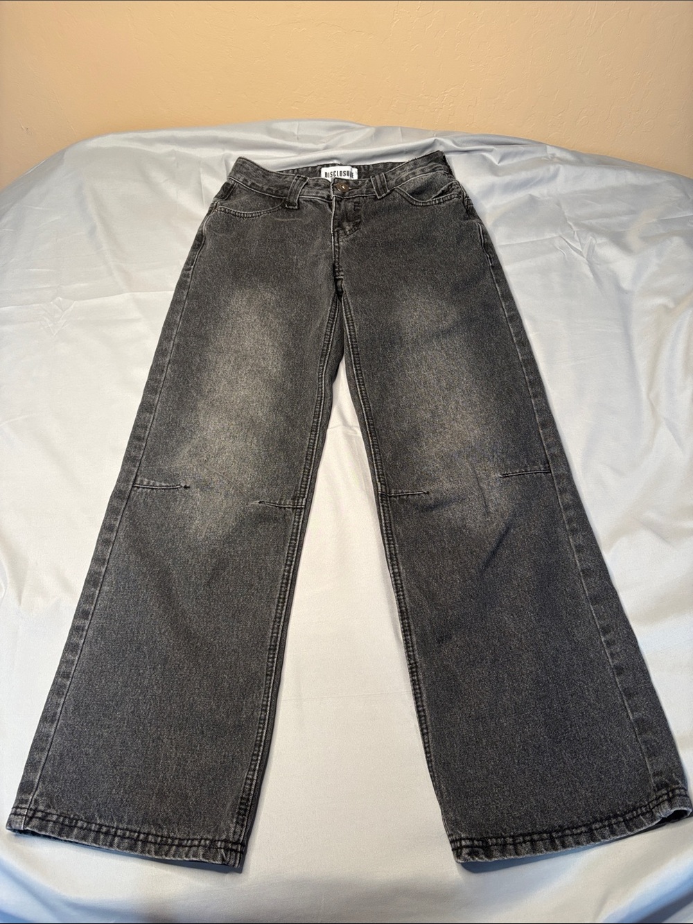 Disclosure Washed Black Wide-Leg Jeans Distress Size 24 Wings on Back Pockets